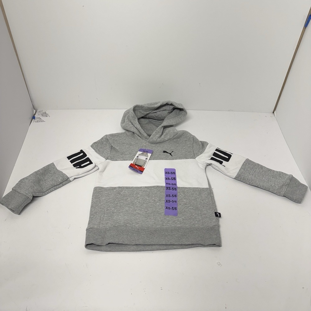PUMA Youth Hoodie XS 5/6 Gray White Colorblock Pullover Sweatshirt NWT